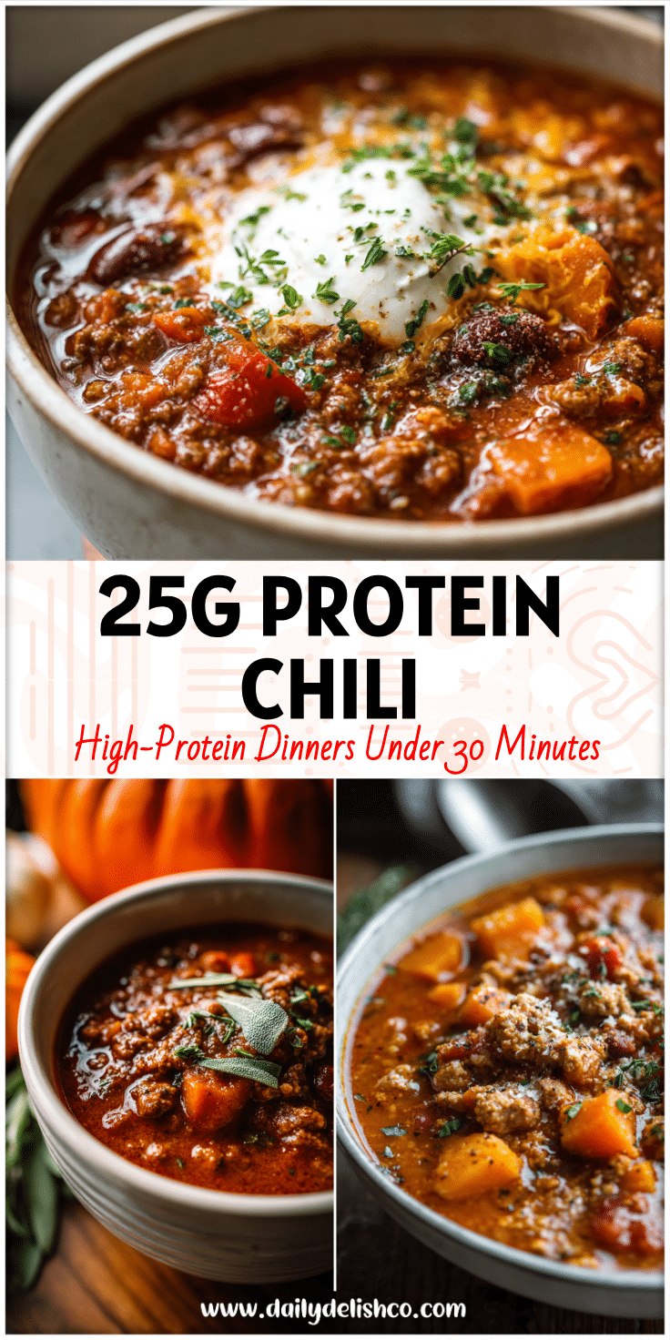 A hearty bowl of Turkey Pumpkin Chili made with pumpkin puree, topped with herbs, perfect for cozy fall dinners.